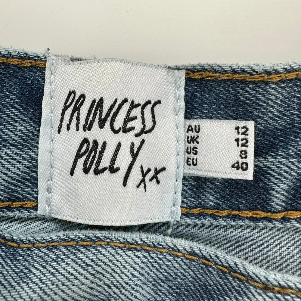 Princess Polly Button Fly Jeans Womens 8 Blue Denim High Rise Straight Whisker